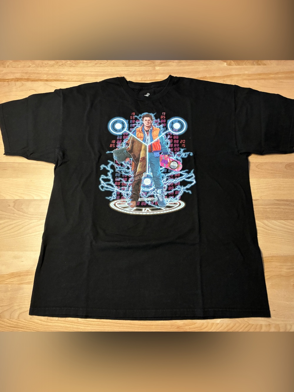 Black Graphic Short Sleeve T-Shirt with Neon Time-Travel Design